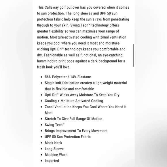 Callaway Womens Swing TechSun Protection Pullover Hummingbird Print Large - Picture 9 of 10